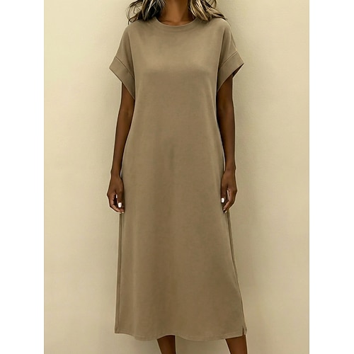 Damen Midikleid Freizeitkleid T-Shirt-Kleid Mode Klassisch Modern Täglich Urlaub Normale Passform Einfach Kurzarm Rundhalsausschnitt Schwarz Braun Hellgrau Grau Sommer Frühling Image