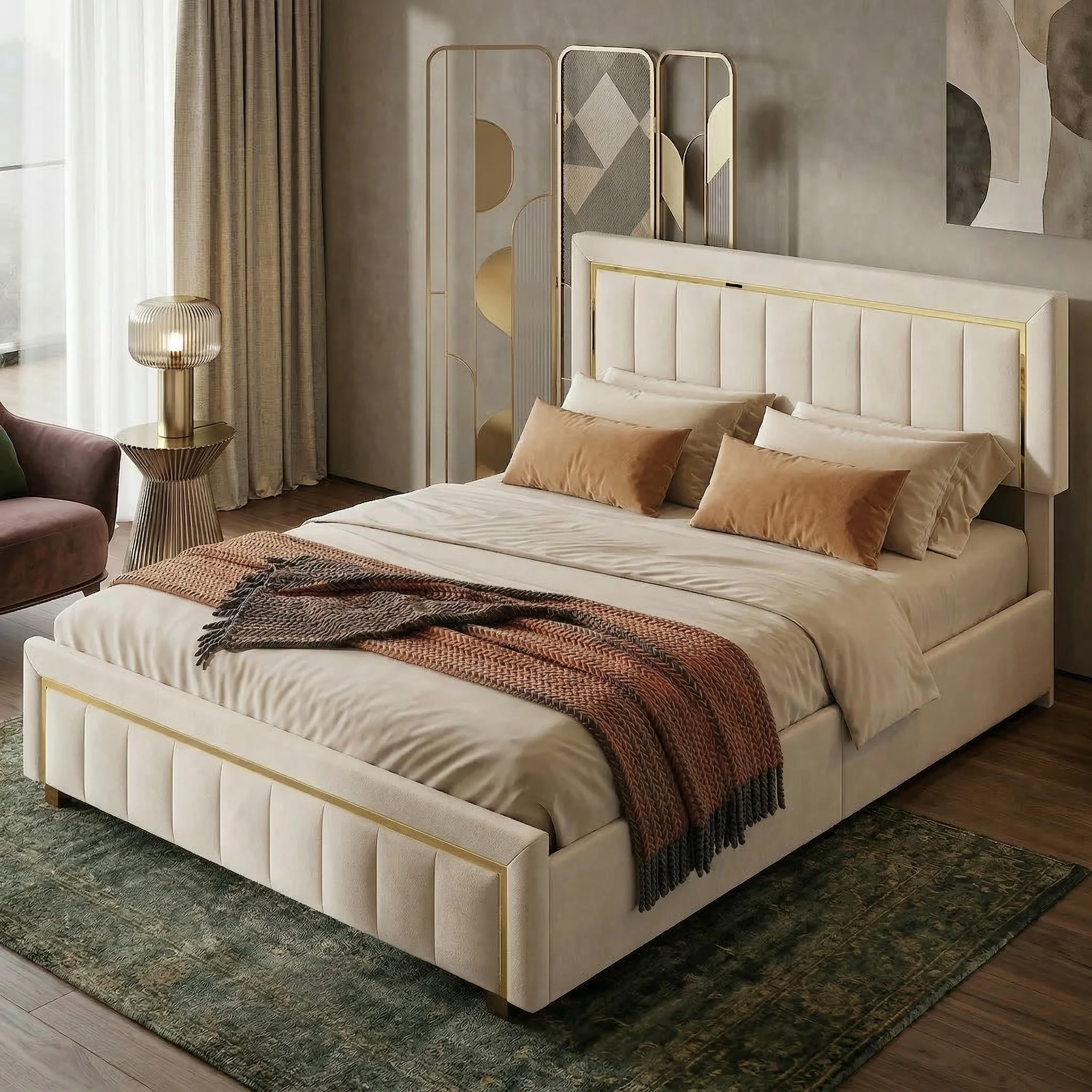 Doppelt gepolstertes Bett, gepolstertes Bett mit Stauraum, hydraulischer Mechanismus, goldene Akzente für Erwachsene und Jugendliche Image