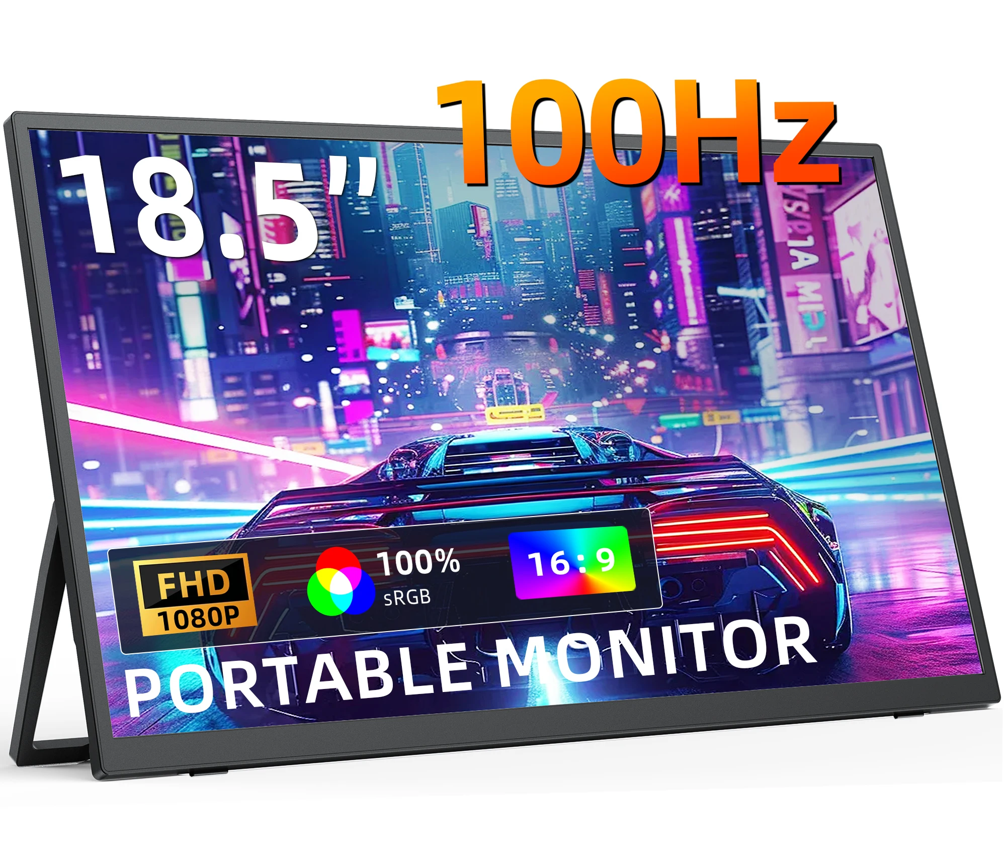 Moniteur portable Amoudo 18,5 pouces 1920 x 1080P 100 Hz, écran mobile sur pied, ultra-fin, dalle LCD IPS, moniteur de jeu
