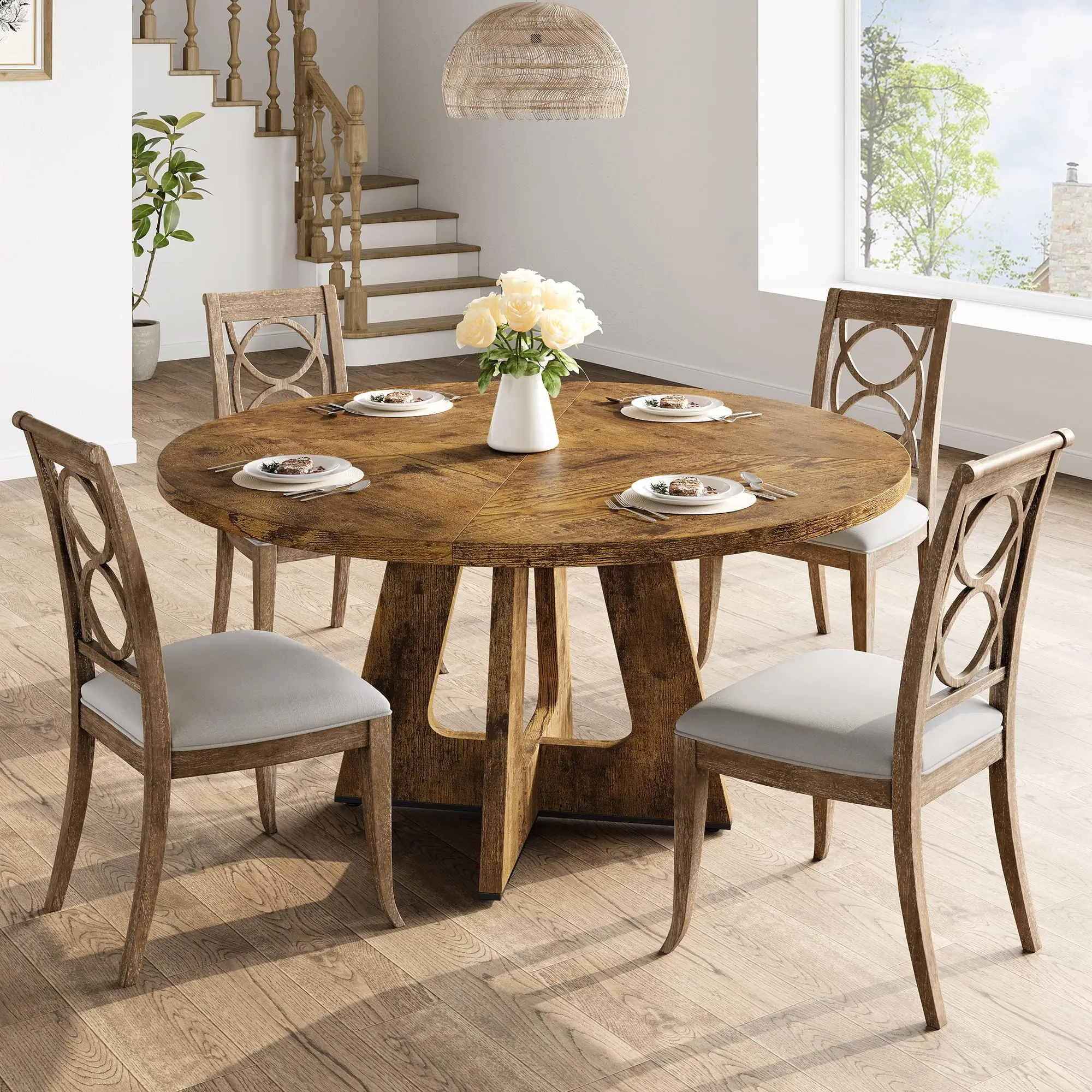 120 cm runder Esstisch für 4-6 Personen, rustikaler Küchentisch aus Holz, stabiler, moderner Landhaus-Tisch mit Sockel für das Esszimmer