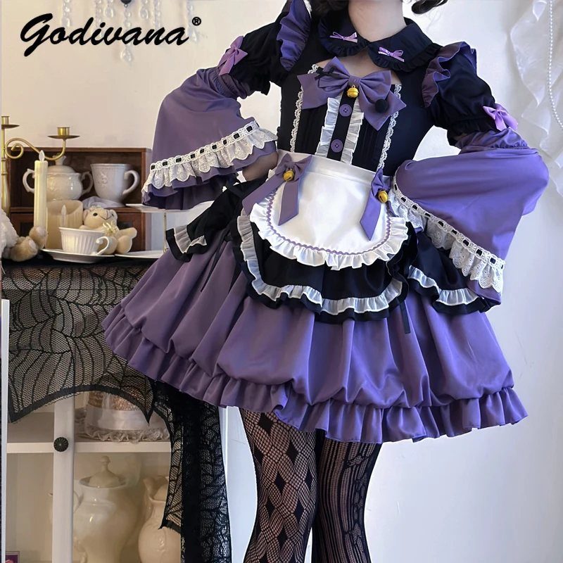 Schwarz Lila Maid Lolita Kurzarm Op Bud Kleid Japanischen Stil Süße Farbe Passenden Frauen Mädchen Cosplay Ballkleid Kleider Image