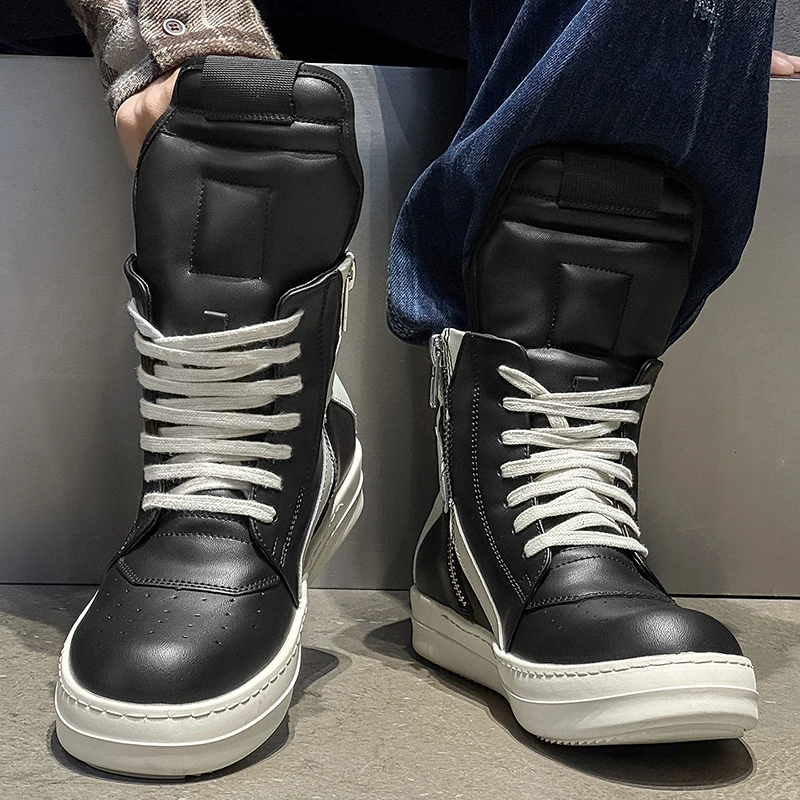 Marken-Herrenschuh Lässiger Hochwertiger Herren-Sneaker Schwarzer Knöchelstiefel Geo-Leder Schnürung Modischer Dicker Sohlen Flacher Reißverschluss-Sneaker Image