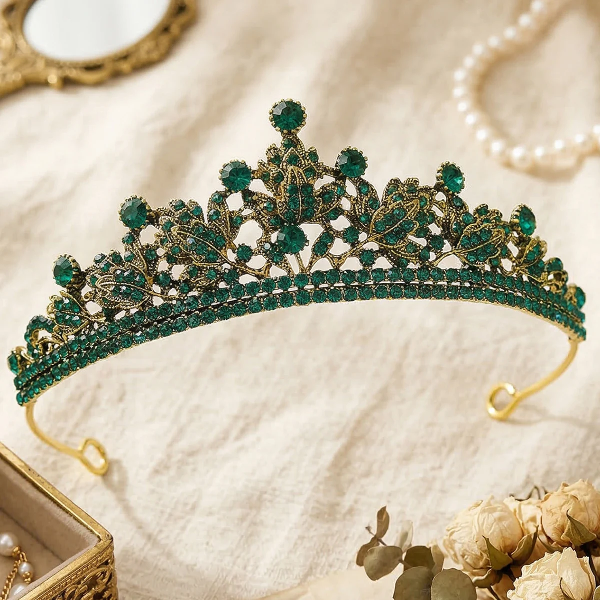 Luxuriöse Smaragdgrüne Strass-Tiara Antikes Goldblatt-Design Prinzessinnenkrone Haaraccessoire für Abschlussball Geburtstagsfeier Schönheitswettbewerb Neu Image