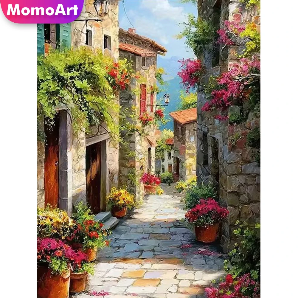 Momoart Diamant-Mosaik-Set für Straßenkünstler, Malerei, Haus, DIY, vollständige quadratische und runde Diamant-Stickerei, Landschaft, Wanddekoration, Kindergeschenk Image