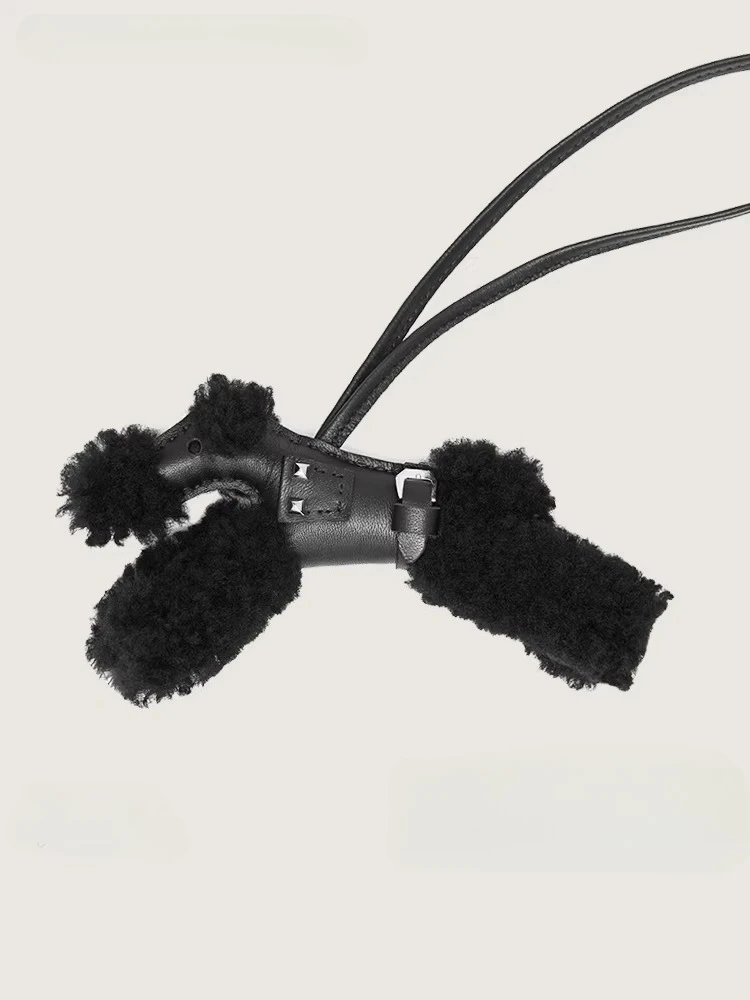 2026 Handgefertigter Damen-Schlüsselanhänger aus echtem Leder mit Hundeanhänger, Shearling, Punk-Stil, luxuriöser Auto-Anhänger Image