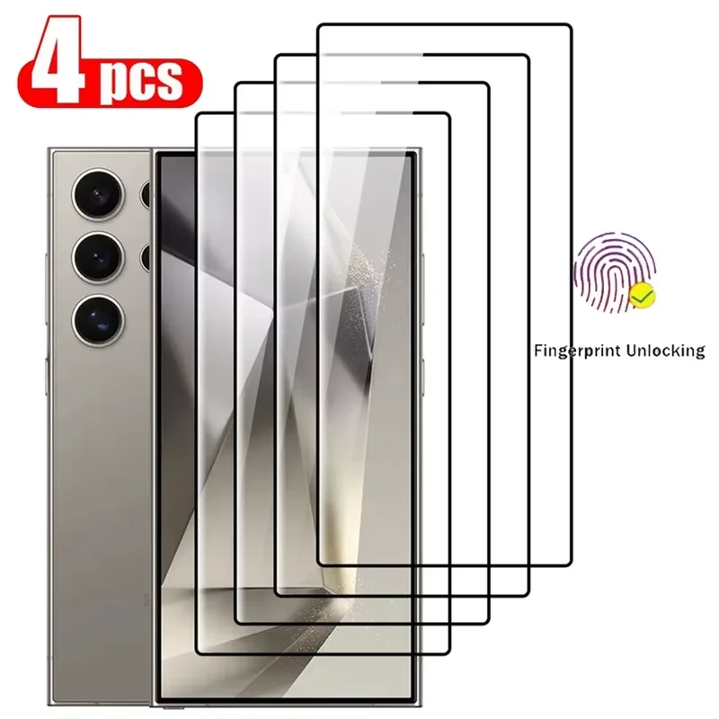 4 Stück gehärtetes Glas für Samsung Galaxy S24 Ultra Vollbild-Displayschutz S24 S24+ Plus S25Ultra Fingerabdruck-Entsperrglas Image
