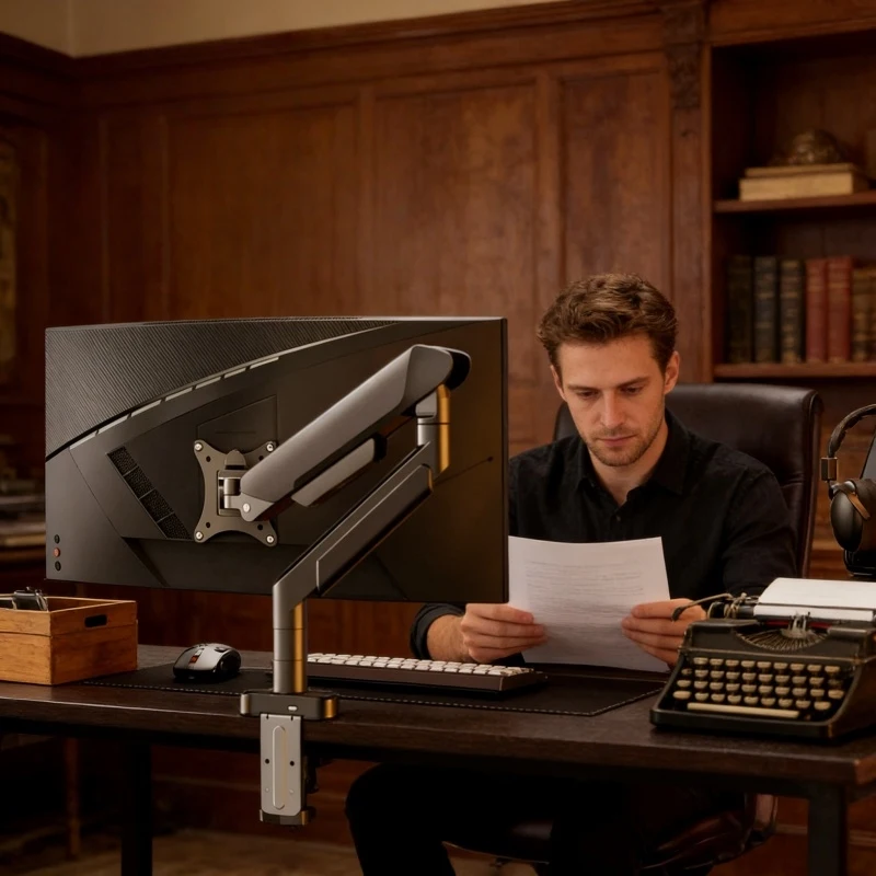 Ergonomischer Einzelmonitor-Tischständer, höhenverstellbar für 13-32 Zoll Bildschirme, C-Klemme, Ösenfuß, für den Heim- und Bürogebrauch. Image