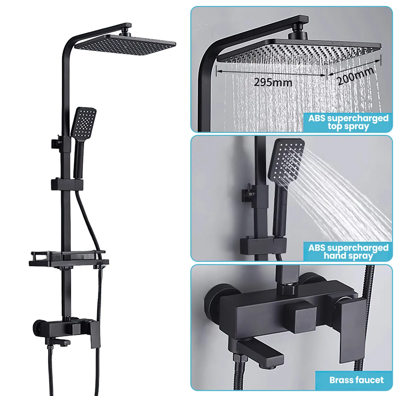 Ensemble de douche de salle de bain en acier inoxydable noir, mitigeur de douche à effet pluie pour bain, robinet de salle de bain eau chaude et froide 3 voies