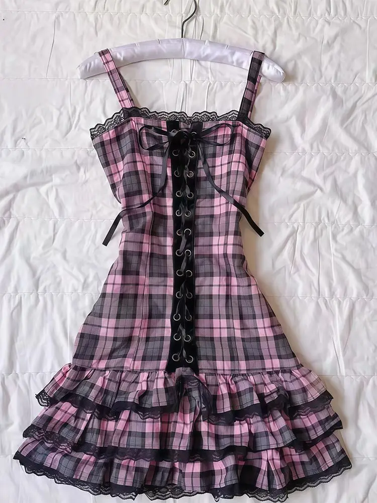 Japanische Kleider Slim Y2k Kariert Sexy Goth Punk Harajuku Vintage Spitze Damenkleid Elegant Rückenfrei Emo Chic Rock 90er Hot Girl