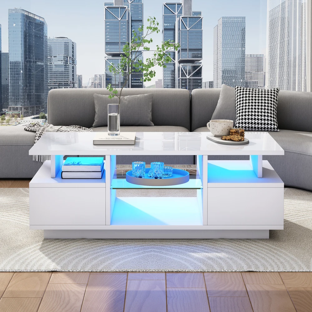 Moderner weißer Hochglanz-LED-Couchtisch, 100 x 50 x 36 cm, multifunktionaler Sofa-Beistelltisch mit 2 Schubladen, offener Stauraum, Glastrennwand Image
