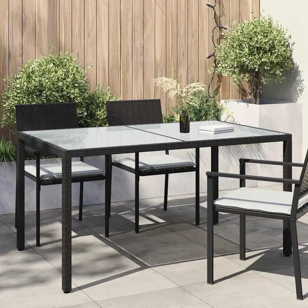Gartentisch 150x90x75cm, gehärtetes Glas und geflochtenes Kunstharz, Schwarz. Moderner Gartentisch aus Holz für Terrasse und Hof (nur Tisch)