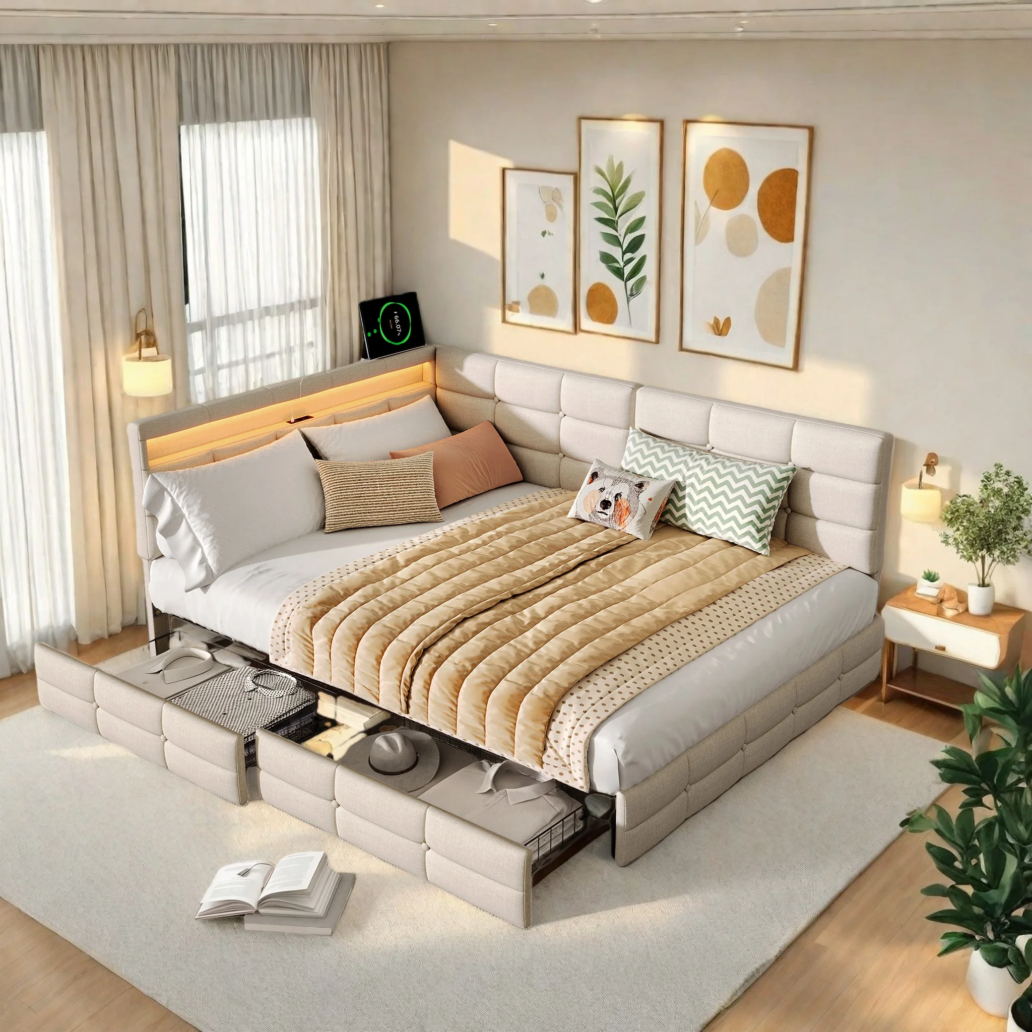 Polsterbett Schlafsofa 140x190, Einzelbett mit LED und USB, Daybett Tagesbett mit 2 Schubladen, Jugendbett Kinderbett Sofabett Gästebett Bettgestell mit Lattenrost, Leinen, Beige Image