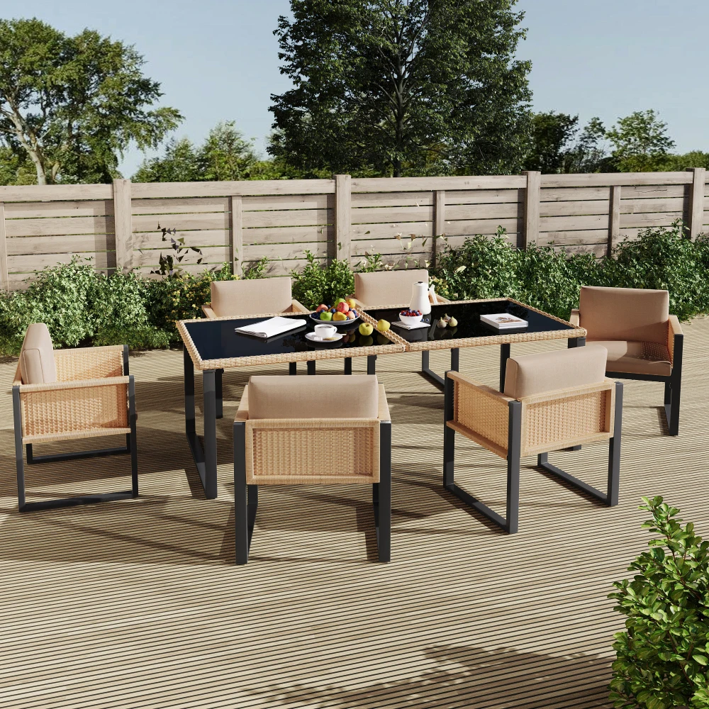 Polyrattan Esstisch- und Stuhl-Set, 6-Personen Garten-Essgruppe mit Armlehnstühlen, Abnehmbare und Waschbare Stoffbezüge