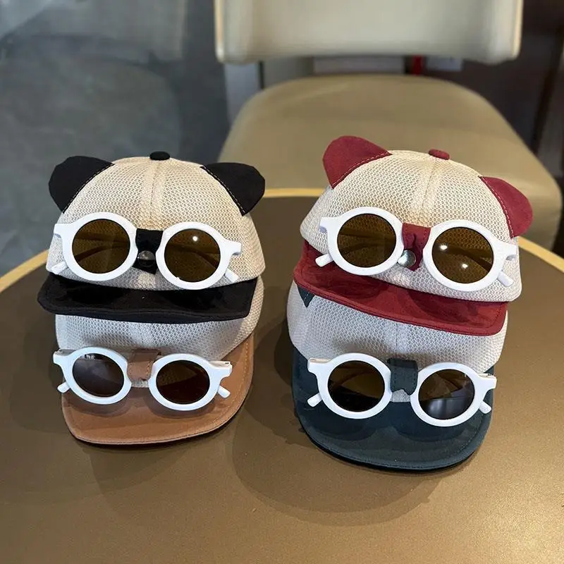 Sommer-Mesh-Baby-Baseballkappe mit abnehmbarer Sonnenbrille, Cartoon-Ohren, für Kleinkinder, Jungen und Mädchen, Sonnenhut, Kinder-Entenschnabelmütze Image