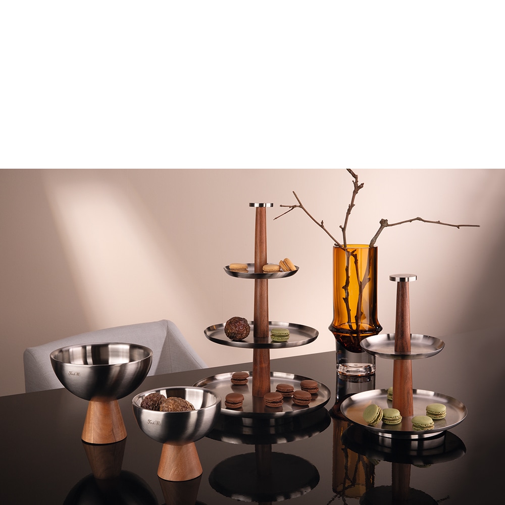 Etagere FINK "ROMA", silberfarben, braun, H:42,5cm Ø:30,5cm, Akazienholz, Edelstahl, Servierplatten, Etagere Image