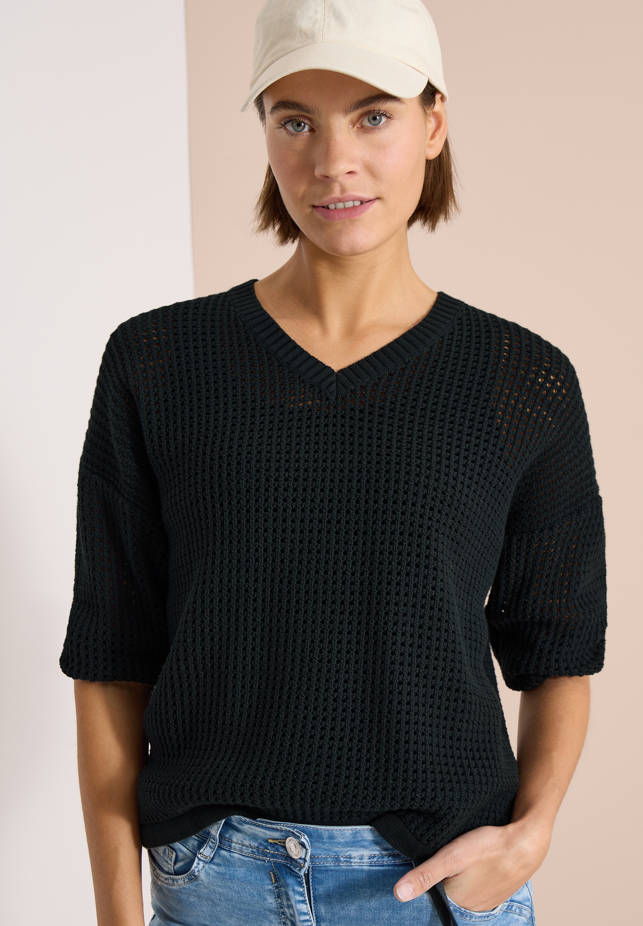 Kurzarmpullover CECIL, Damen, Gr. XL (44), palm breeze grün, Web, 100% Baumwolle, Strukturmuster, comfort fit normal, V-Ausschnitt, Rippbündchen, Pullover, mit V-Ausschnitt Image