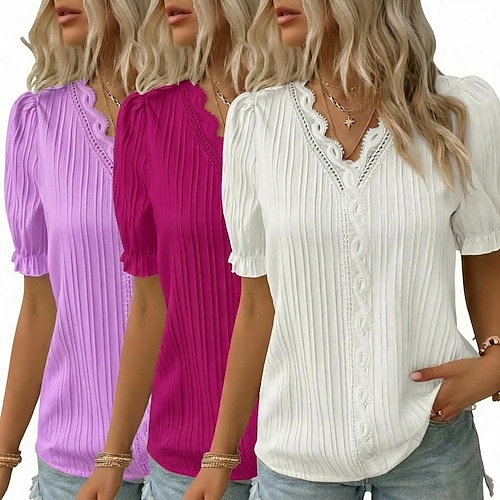 multi pack 3pcs donna texture camicetta t shirt tee top pizzo patchwork tinta unita moda elegante classico manica corta scollo a V top regolare casual quotidiano spiaggia biancofucsiagiallo