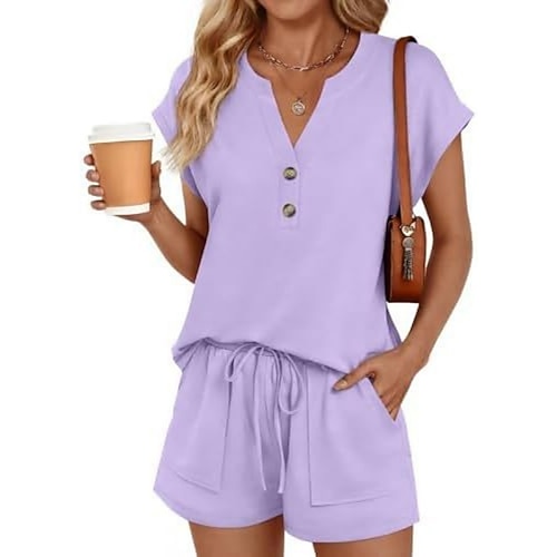 Per donna Set da due pezzi Set di Pantaloncini Manica Corta Scollo a V Semplice Moda Streetwear Casuale Quotidiano All'aperto Nero Rosa Blu Estate Vestibilità regolare