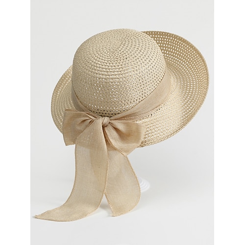Cappello da sole da donna in stile bohémien intrecciato, pieghevole, a tesa larga, in paglia, con fiocco decorativo, disponibile in vari colori, ideale per vacanze al mare, abbigliamento casual