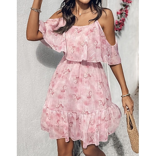 Per donna Mini Abito Abito a trapezio Abito Sottoveste Abito con balze Abito a spalle scoperte Vacanza Casual Spiaggia Uscire Vestibilità regolare Floreale Grafico Mezza Manica Senza Spalle Rosa