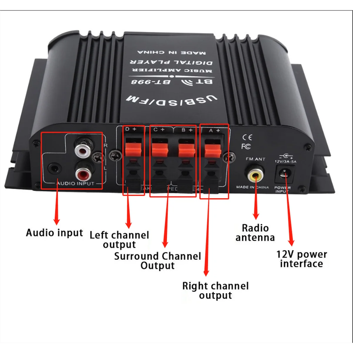 PQWN! HiFi-Soundverstärker, digitaler 4-Kanal-Audioverstärker, Bluetooth, Karaoke-Player, FM-Radio, unterstützt Fernbedienung, Schwarz Image