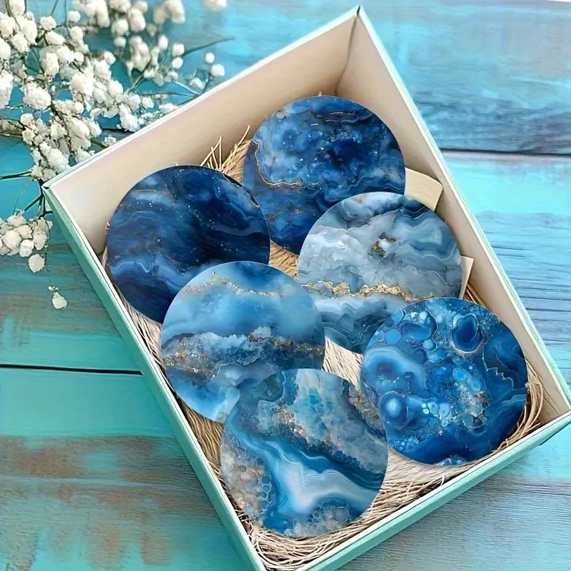 2D Flacher Runder Holzuntersetzer mit Exquisitem Blauen Marmormuster für Café, Büro, Esstisch, Hotel, Elegantes Tischzubehör, Geschenk