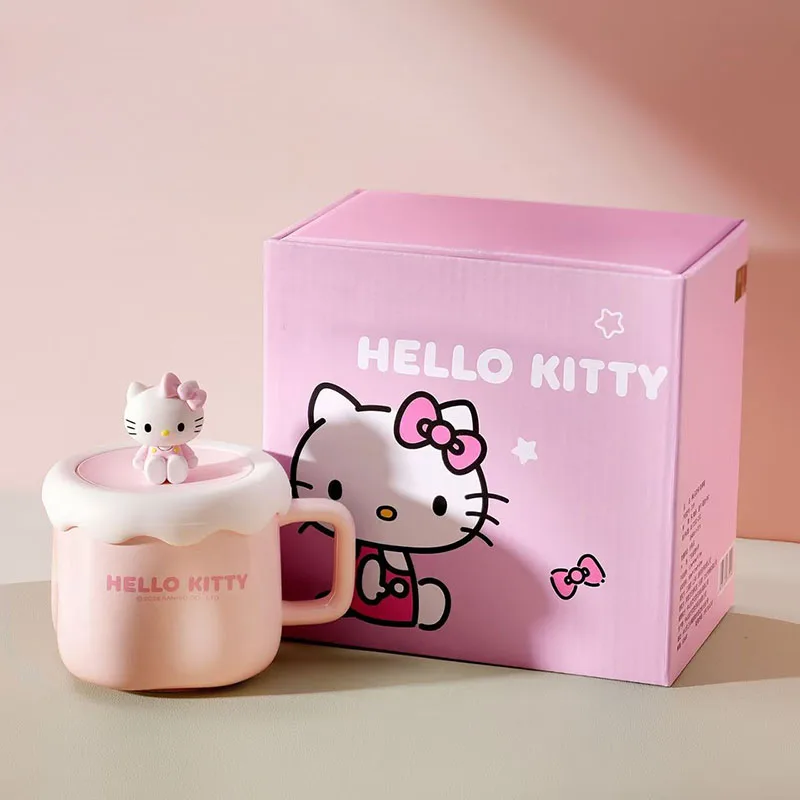 Niedliche Sanrio Bären Q Keramik-Tasse 400ml Mit 3D-Charakter-Deckel Hello Kitty Kuromi My Melody Cinnamoroll Geschenkbox-Set Image