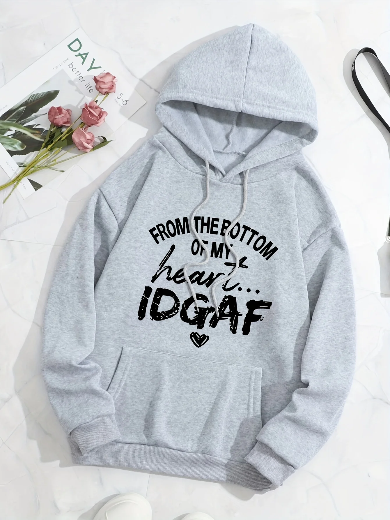 Letter Print Hoodie Casual Pocket Sleeve Drawstring Hoodies Sweatshir Women's Clothing Kangaroo Pocket Hoodie Aesthetic Clothes
