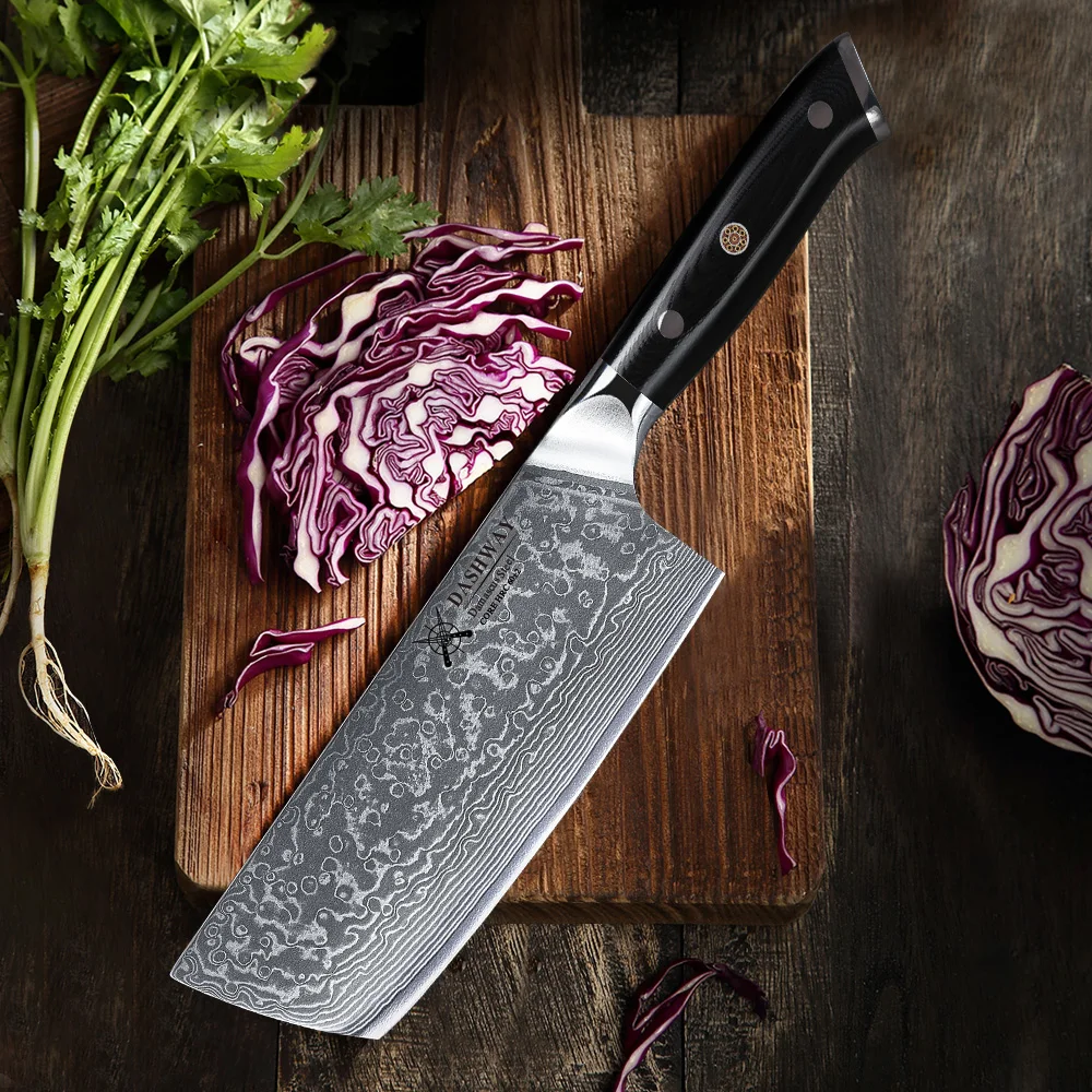 DASHWAY 7-Zoll Nakiri Kochmesser aus Japanischem Damaszener Stahl, Scharfes Fleischmesser, Gemüseschneider, Professionelles Küchenwerkzeug Image