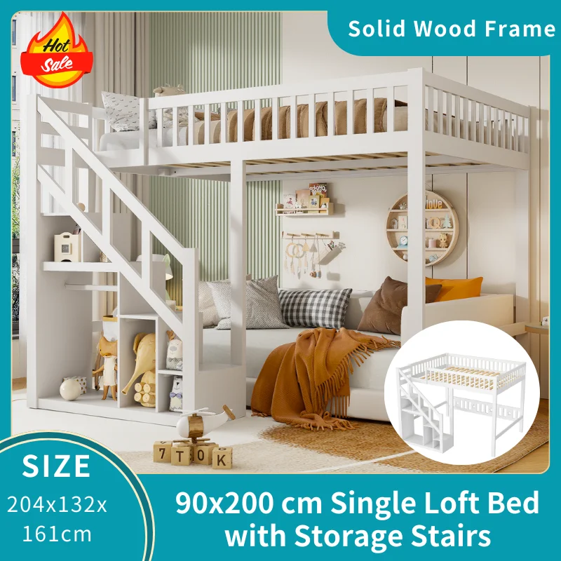 90 x 200 cm Einzel-Hochbett mit Stauraumtreppe, Massivholz-Hochbettgestell aus Kiefernholz mit Stauraum und Sicherheitsgeländer, Einzelbett für Erwachsene, Kinder und Jugendliche, ohne Matratze, Image