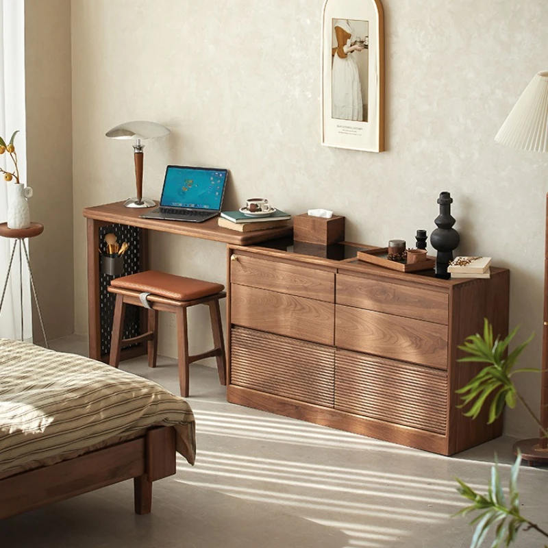 Kommode aus massivem Holz, integrierter Schminktisch, Nachttisch mit Stauraum, schwarzes Walnussholz, Schlafzimmer, abnehmbar Image