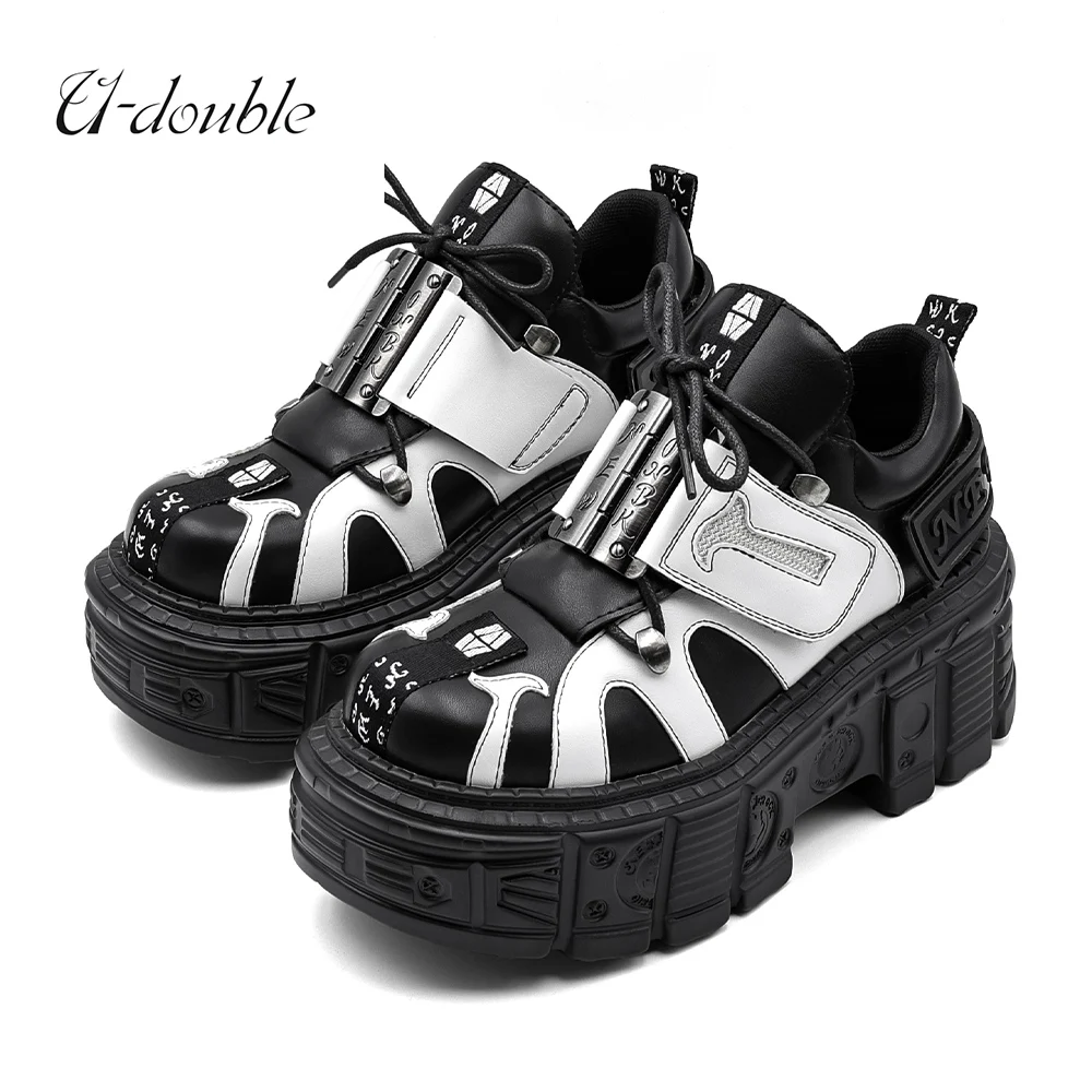 Neue Punk Stil Frauen Schuhe Lace-up Ferse Höhe 6CM Plattform Schuhe Frau Gothic Ankle Rock Stiefel Metall dekor Frau Turnschuhe