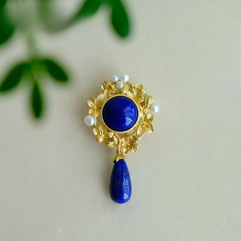 Original Retro Chinesische Natürliche Lapis Lazuli Brosche Anhänger Dual-zweck S925 Silber Chinesische Element Brosche