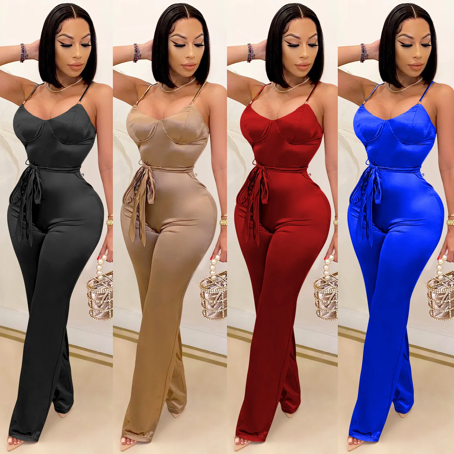 Neue Frauen Spaghetti Strap Ärmel Gerade Overall Frauen Sexy Club Open Back Hohe Taille Strampler Einem Stück Overalls Image