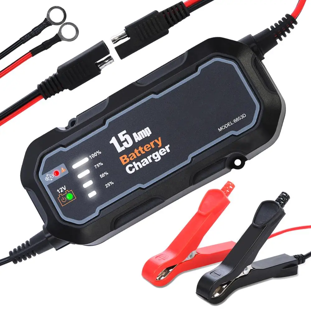 12 V 1500 mA automatisches intelligentes Motorrad-Batterieladegerät für Auto/Wohnmobil/ATV/Boot, automatisches Batterie-Erhaltungsladegerät mit LED Image