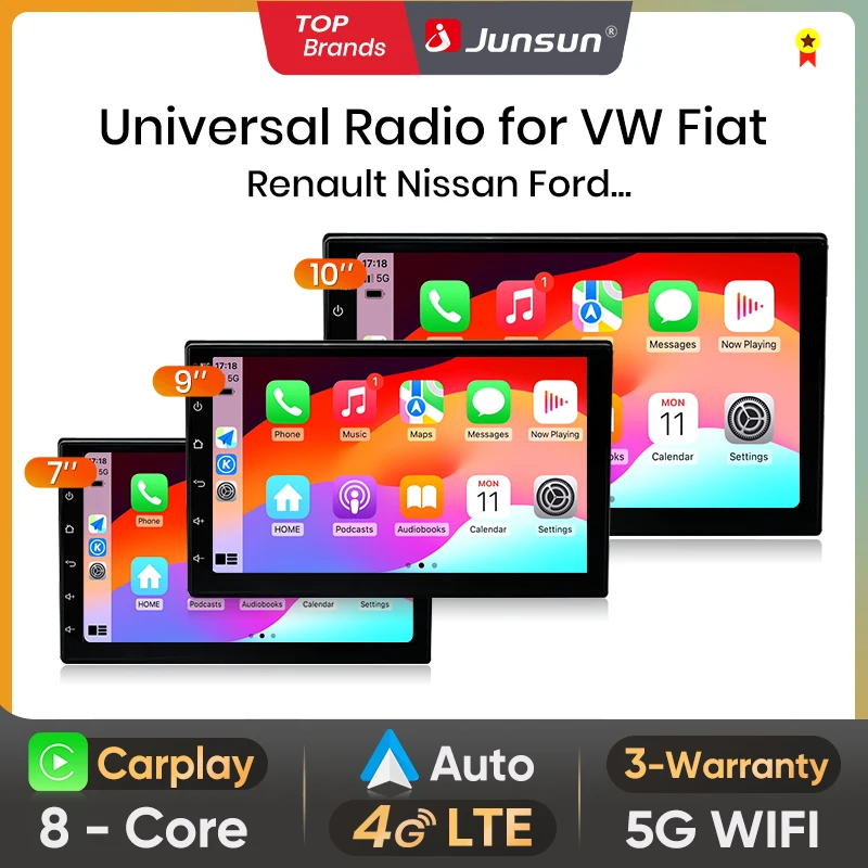 Junsun universal 7 9 10 zoll autoradio drahtloses carplay android auto 4g wifi gps multimedia bluetoth dsp ips touchscreen stereo Image
