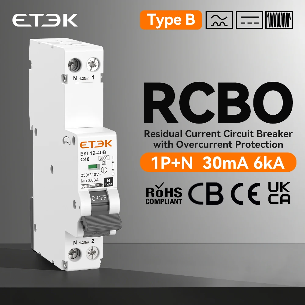 RCBO-Typ Überlast- und Leckstromschutz 30mA Klasse B Fehlerstrom-Automatikschutzschalter 6KA 1P+N 40A Kurve C EKL19-40 Image