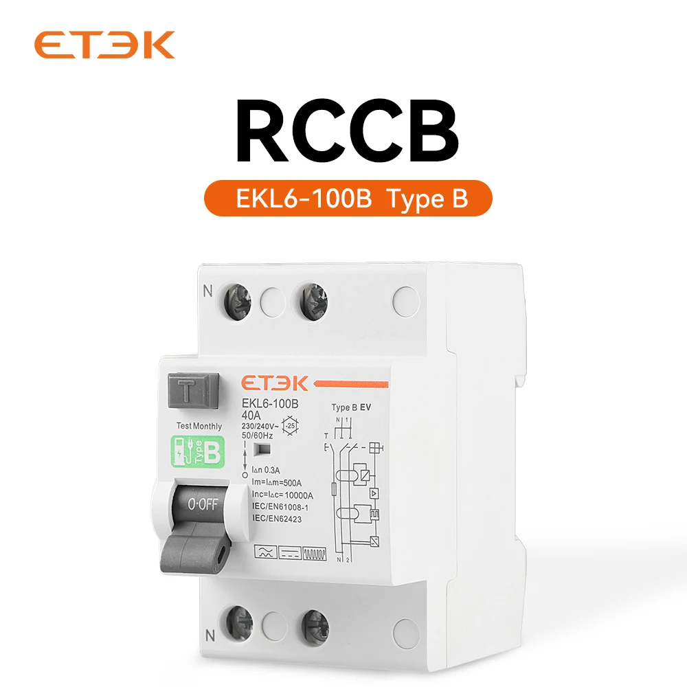 ETEK RCD RCCB Typ B Fehlerstrom-Schutzschalter für Erdung, EVSE 2P 4P 40A 63A 100A 30mA 300mA EKL6-100B DIN-Schiene 220V Image