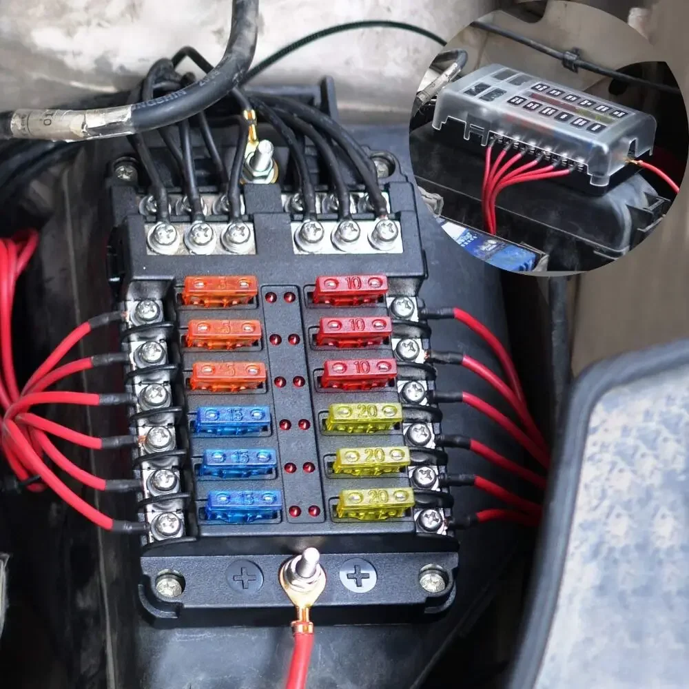 6-Wege/12-Wege Auto Boot Blade Sicherungskasten Block Halter LED Anzeige 12V 32V Auto Marine wasserdichte Stromverteilung Panel Board Image