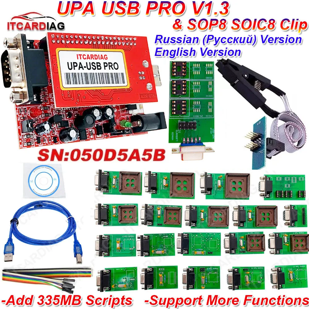 Itcardiag v 1,3 UPA-USB sn: 350 d5a5b & sop8 soic8 clip ecu chip tunning mit mb voll skript upa usb programmierer für windows Image