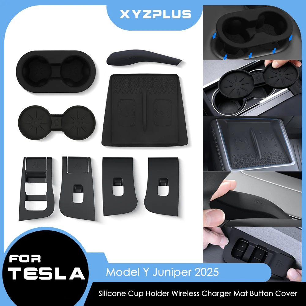 Für Tesla Model Y Launch Juniper 2025 2026 8-teiliges Silikon-Set für kabelloses Laden, Getränkehalter, Fensterschalter-Abdeckungen und Matten Image