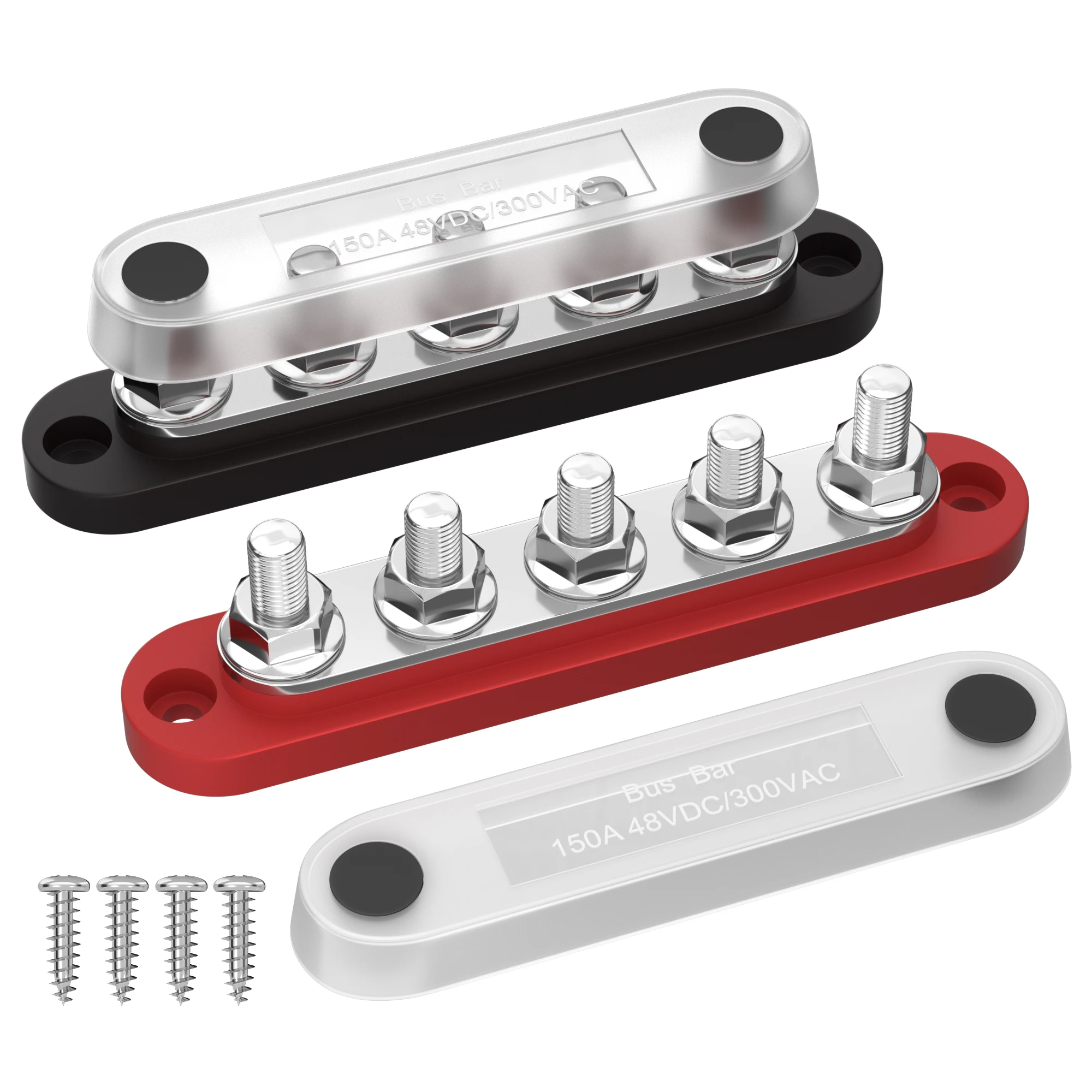 DaierTek Sammelschiene, 12 V Stromverteilerblock mit Abdeckung, 5 x 1/4 Zoll Bolzen, Klemmenblock, max. 150 A, 48 VDC, positiv, negativ, für Auto Image