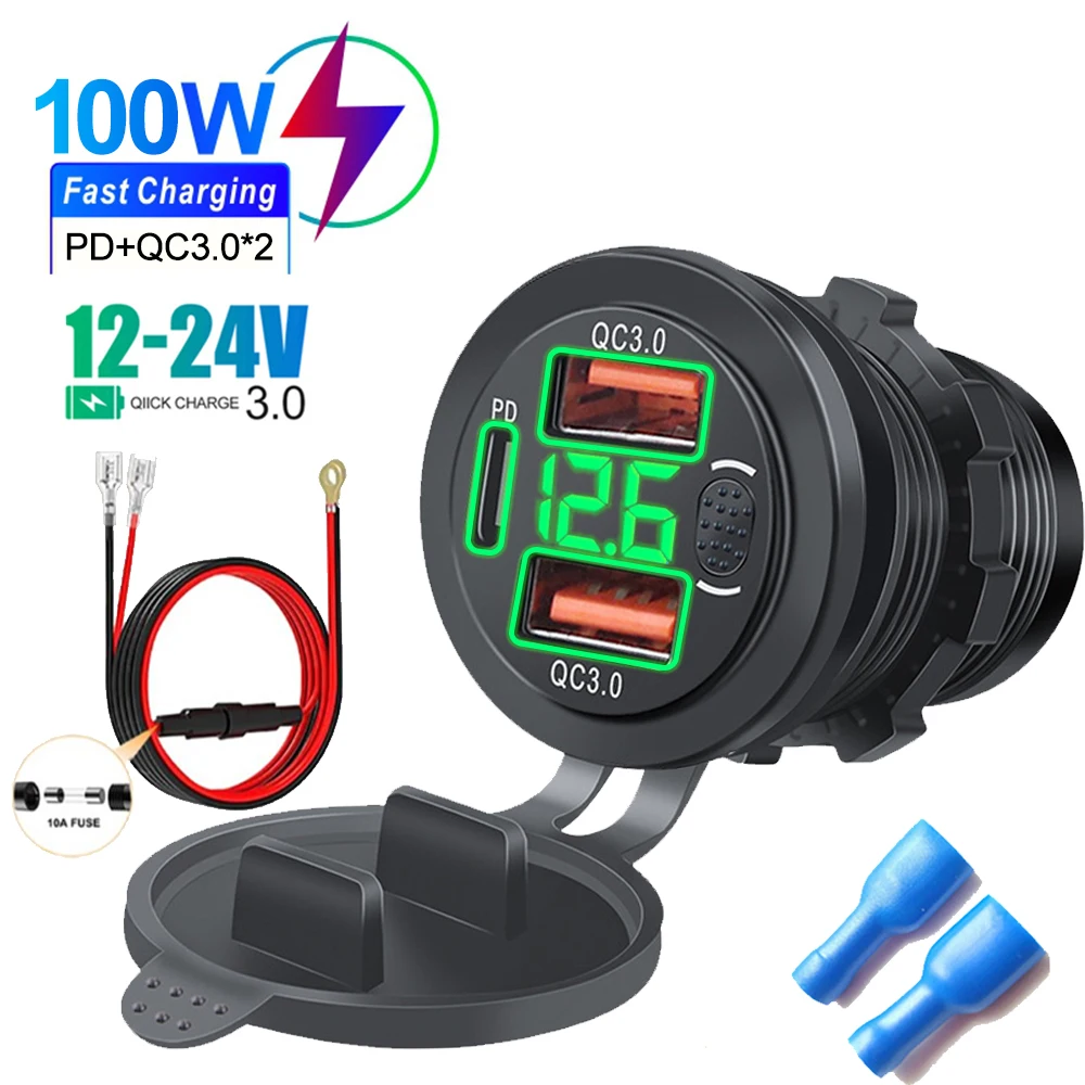 12/24V drei Port USB Ladegerät Buchse USB-C PD & Dual QC 3.0 für Auto Motorrad mit Voltmeter und Netzschalter Auto Ladegerät