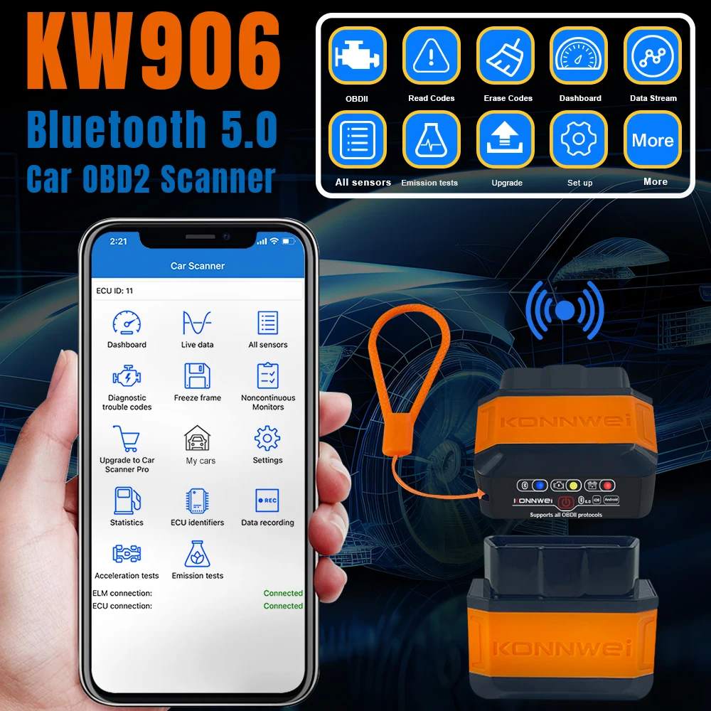 KONNWEI KW906 ELM327 V1.5 PIC18F25K80 OBD2 Scanner Bluetooth 5,2 Für Android/IOS Auto Scanner Code Reader Diagnose werkzeug Image