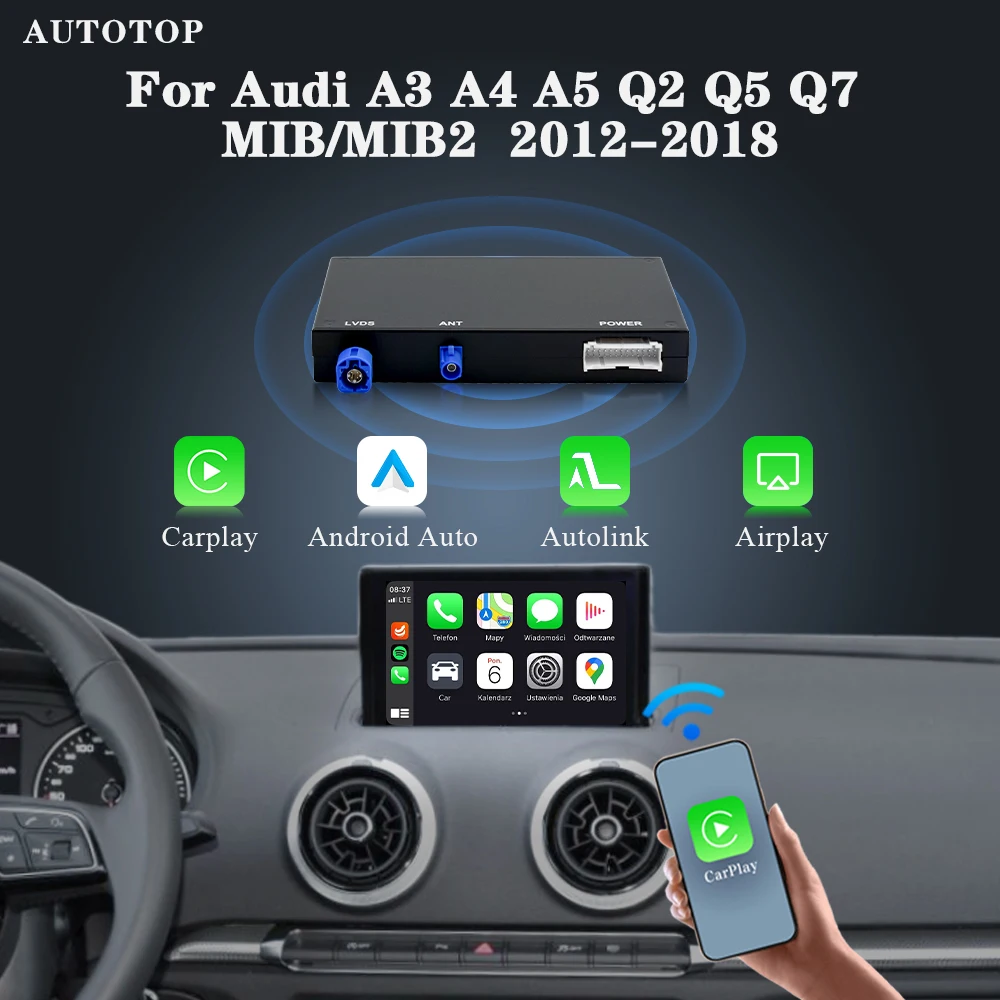 AUTOTOP Drahtlose CarPlay Android Automatische Konverter Box Für Audi A3 8V Q2 2013-2018 MIB MIB2 MirrorLink hinten Kamera WIFI GPS Nav Image