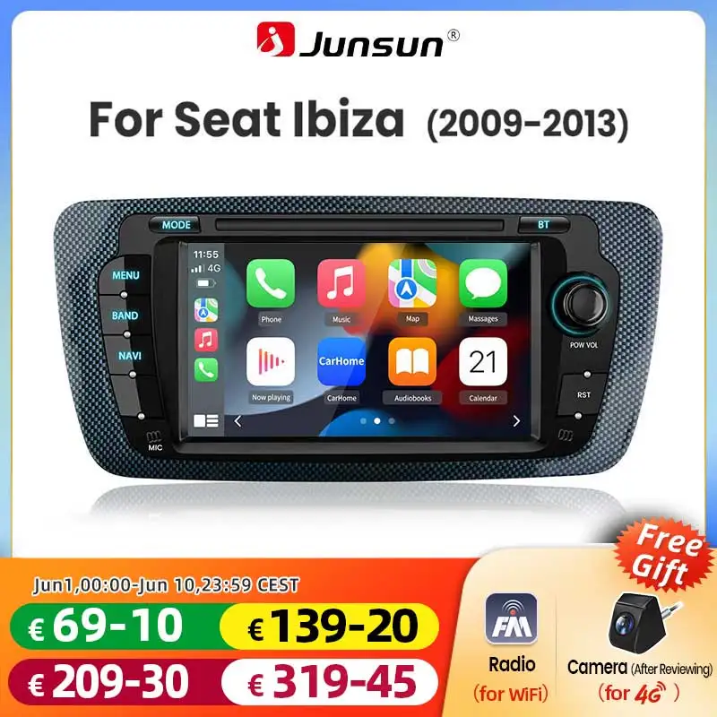 Junsun Android 16 Wireless CarPlay Android Auto Autoradio für Seat Ibiza 6J 2008 2009 2010 2011 2012 2013 GPS-Navigation Multimedia-Player 7 Zoll IPS-Touchscreen Stereo Bluetooth DSP FM RDS SWC 5G WiFi Image