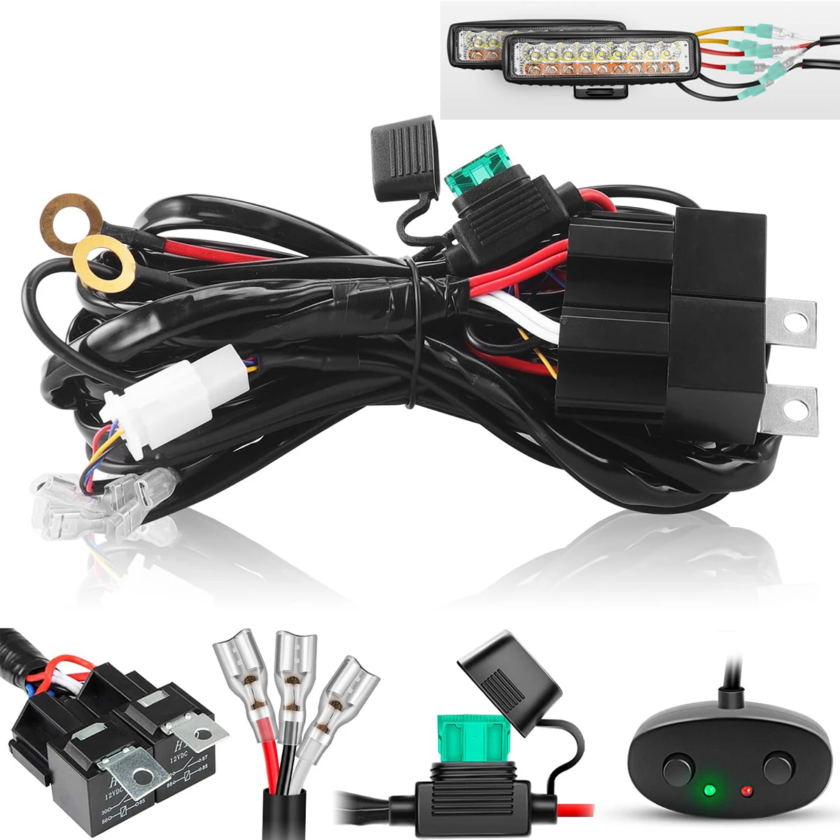 Bernsteinweißes zweifarbiges Lichtleisten-Kabelbaum-Set, 16 AWG, mit 12 V Relais, 15 A Inline-Flachsicherung, Drucktastenschalter Image