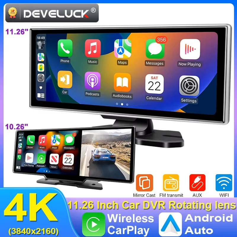 10/11,26 Zoll Dash Cam 4K Auto DVR Drahtlose Carplay & Android Auto GPS Navigation Video Recorder Dashboard Dual Objektiv Wifi FM AUX Image