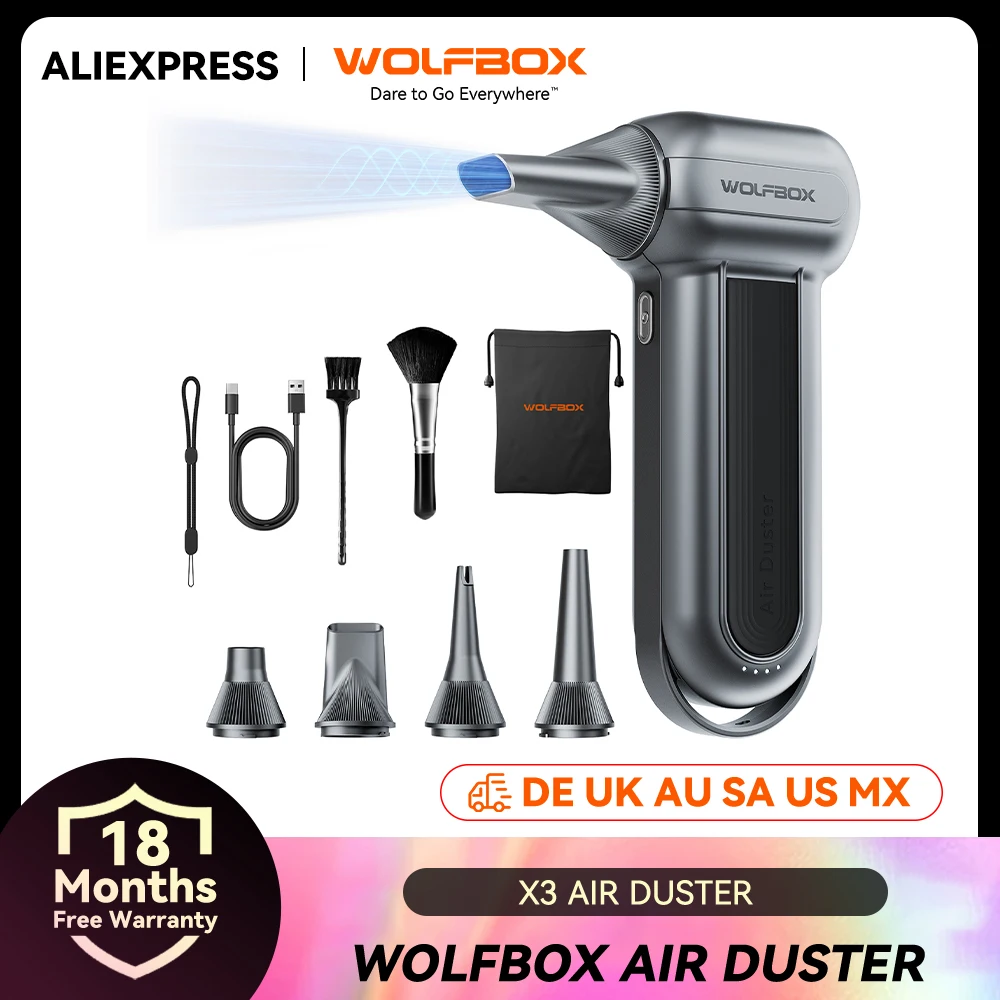 WOLFBOX MF100 Elektrischer Luftstaubsauger Luftgebläse-150000RPM Superleistung, Wiederaufladbarer 3-Gang Bürstenloser Motor für Auto/PC/Zuhause/Outdoor Image