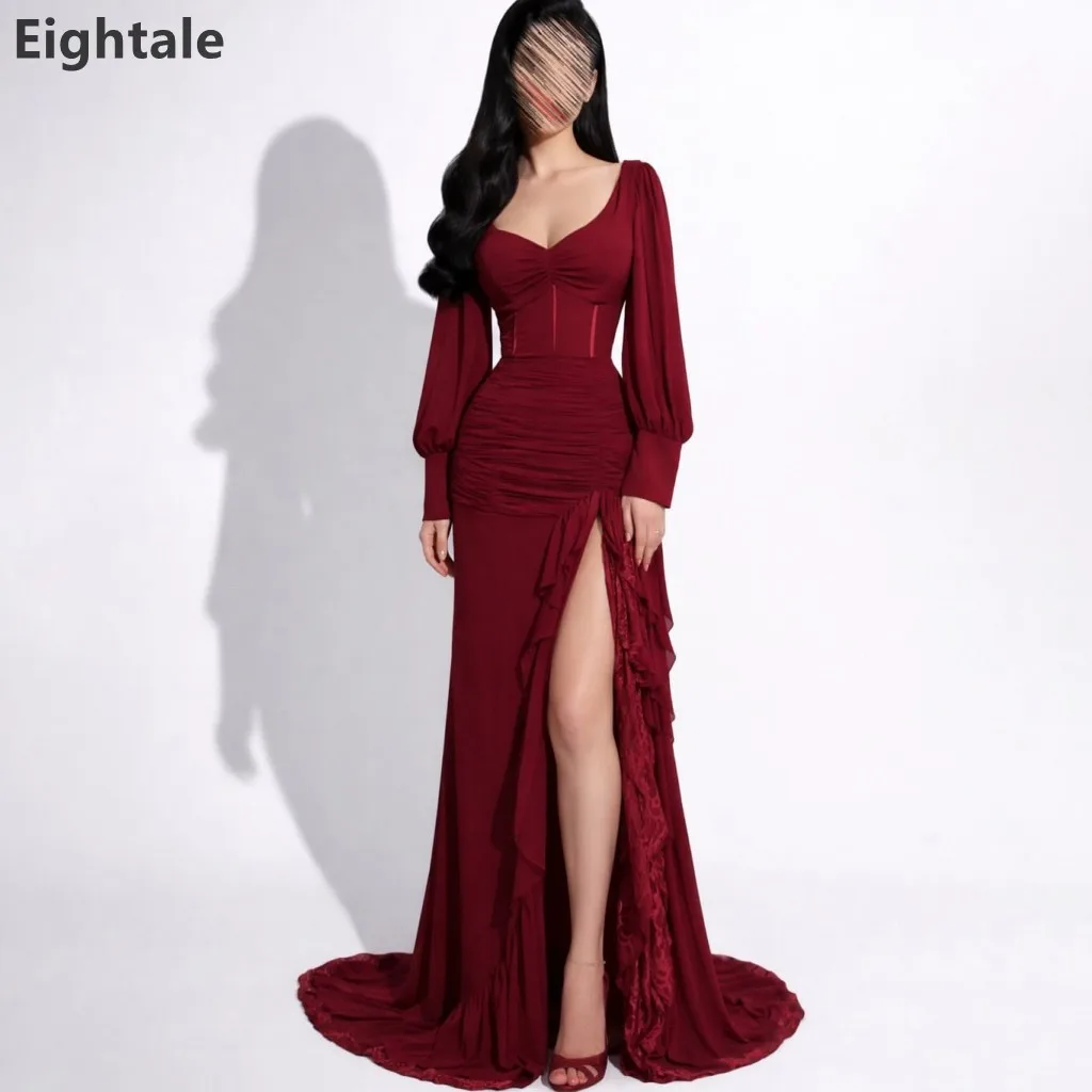 Eightale 2026 Burgundy Mermaid Chiffon Maxi Evening Dress Long Sleeve Saudi Arabic Prom Dress Dubai Party Gown Customized